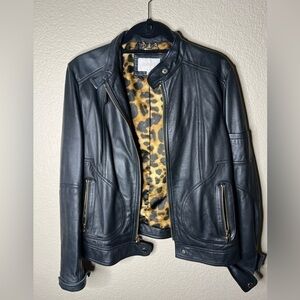 Laundry Black Leather Jacket with Leopard Print Lining